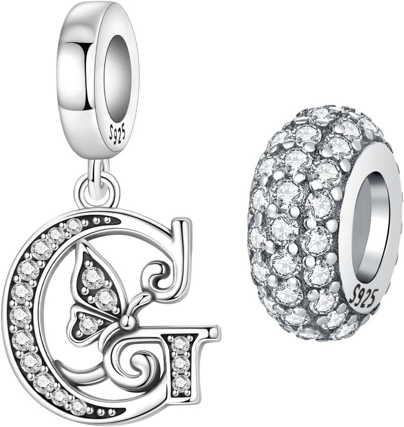 PANPOKI Store 2 Pack 925 Sterling Silver Butterfly Letter Charms for Bracelets and Necklace Alphabet Initial Dangle Pendants Round Spacer Beads Pave Cubic Zirconia Jewelry Gift for Women - Image 1